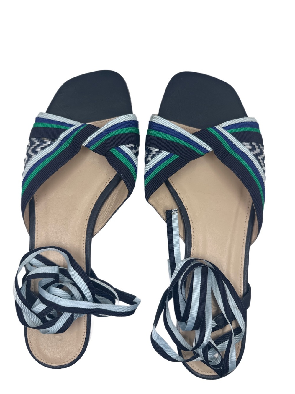 J.Crew Striped Ribbon Ankle Tie Flat Sandals Navy Green Size 11
